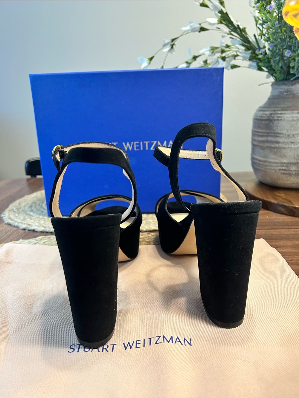 Stuart Weitzman Black Suede Platform Block-Heel Sandals (sz 8) - Picture 9 of 14